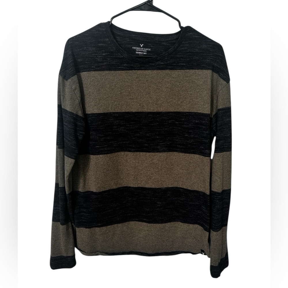 American Eagle Seriously Soft Striped Long Sleeve T-Shirt Size Small Olive Black